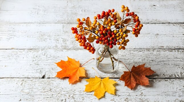 A festive happy halloween background featuring a glass vase with autumn berries and colorful maple leaves on a rustic white table