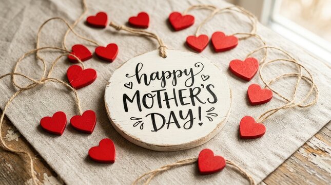 Round wooden ornament with happy mother's day text surrounded by small red wooden hearts on strings arranged on a light beige linen fabric surface