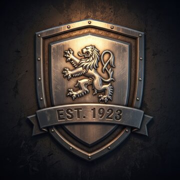 Metallic shield emblem with lion and established date