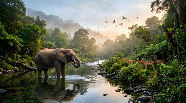 Majestic african elephant drinking from a serene river in a lush tropical jungle at sunrise