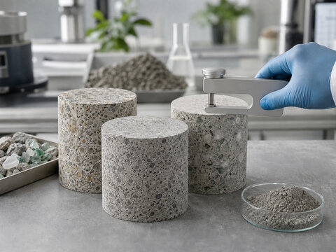 Concrete cylinder specimens with recycled glass aggregate on a laboratory bench with a gloved hand and test tools, 再生ガラス骨材を使ったコンクリート供試体と試験器具 実験室のベンチ