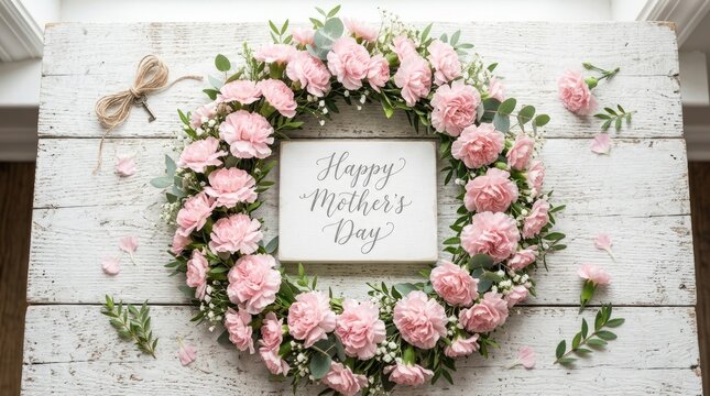 Wreath made of pink carnations and green leaves on a white wooden surface with a sign in the center that says happy mothers day in cursive