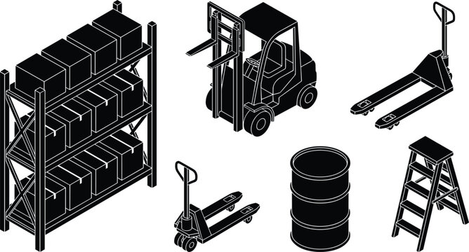 Warehouse logistics isometric silhouette icons set featuring storage racks with boxes forklift pallet jacks oil drum and stepladder vector illustration