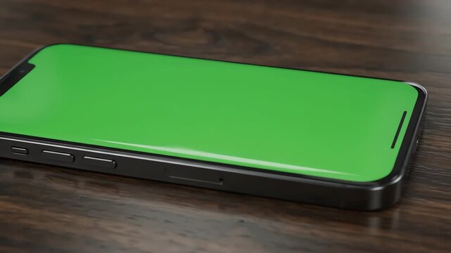 Slow camera pan over a modern smartphone on a dark wooden surface featuring a bright chroma key green screen for payment app interface mockup