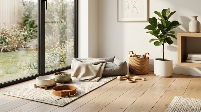Cozy pet corner with a grey bed, food bowls, collar, and toys on a wooden floor in a bright home