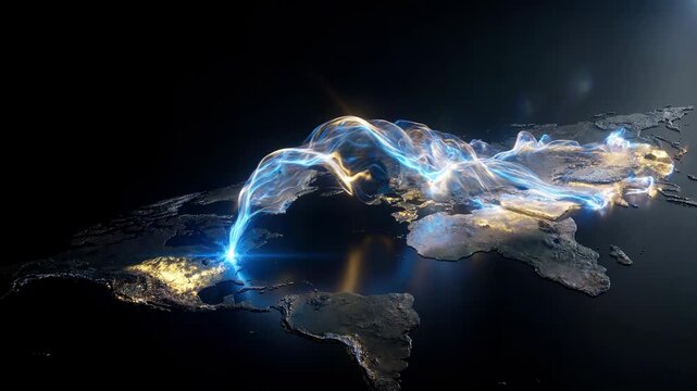 Digital world map with glowing network connections illustrating global communication