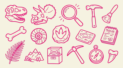 Collection of cartoon dinosaur fossils and paleontological tools for scientific research and education. © Clara