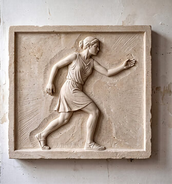 antique style refined bas-relief sculpture in marble of woman running with decorative border