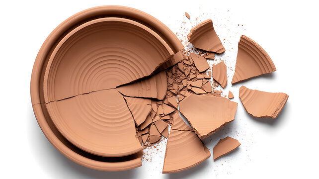 Broken terracotta pot with scattered shards and concentric rings on a white background Keywords
