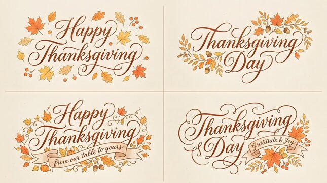 Set of elegant handwritten calligraphy designs for happy thanksgiving and happy halloween seasonal greetings with decorative autumn leaves and foliage