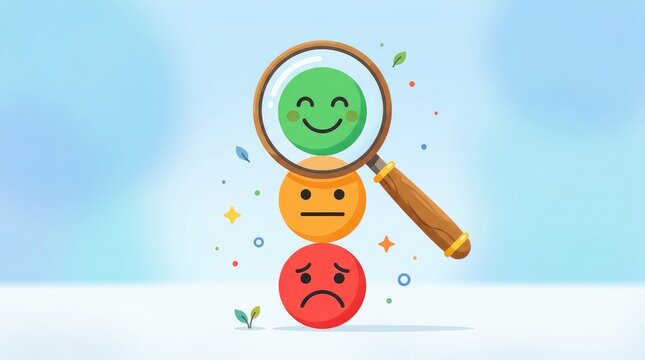 A magnifying glass focusing on a green smiley face stacked above a neutral orange face and a sad red face on a light blue background