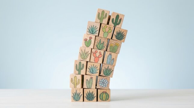 A precarious leaning tower of wooden cubes engraved with various colorful cactus and succulent on a white surface against a blue background