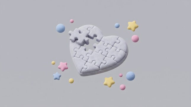 3D render of a cute heart puzzle illustrating care, connection, and autism awareness isolated on grey background.