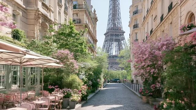 Paris, France, Europe. A vivid portrayal of a Parisian street scene depicts the Eiffel Tower as the focal point. The scene features a cobblestone path lined with ornate buildings on both sides.