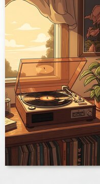 Retro turntable playing music by a sunny window in a cozy room