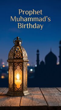 Vertical composition of a glowing golden lantern on a wooden table with Prophet Muhammad's Birthday text above.