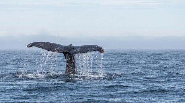 Humpback whale tail fluke diving into deep blue ocean water with splashing droplets against cloudy sky horizon background nature wildlife photography