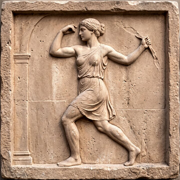 antique style refined bas-relief sculpture in marble of woman running with decorative border
