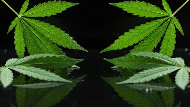 Symmetrical frame of green cannabis leaves at top and bottom reflecting over a dark background with a slow floating motion