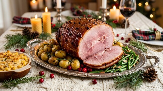 A delicious glazed holiday ham served on a festive dinner table with candles and side dishes for a happy halloween celebration