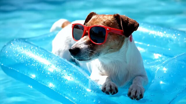 Jack russell terrier dog wearing red sunglasses relaxing on a blue pool floatie