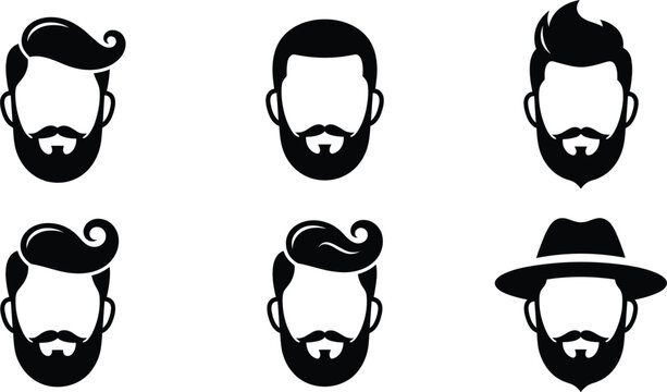 Barbershop avatar vector icon set featuring trendy black silhouettes of men with stylish hairstyles retro mustaches full beards and hipster fedora hat