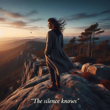 A person in nature looking off into the distance, captioned with a deep, meaningless quote, standing on a cliff, Ai generated image
