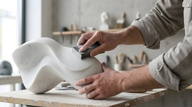 Sculptor uses a fine-grit sanding block to smooth the curved surface of a white marble abstract piece in a bright studio.