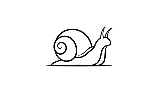 Minimalist black line art illustration of a snail with a spiral shell crawling, isolated on a white background.