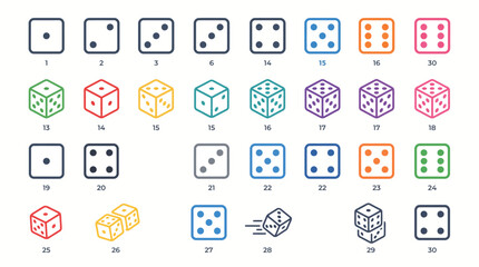 Fototapeta premium Collection of Dice Icons and Illustrations Showing Different Numbers and Colors.