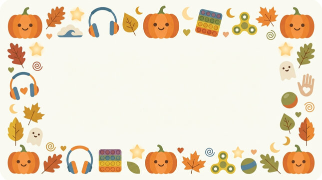 Flat lay border composed of cute smiling pumpkins, autumn leaves, headphones, fidget spinners, and pop-it toys, conveying a playful and festive mood against a cream background