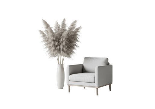 Modern gray armchair with light upholstery.