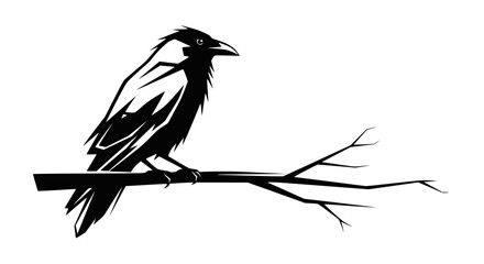 Fototapeta premium Stylized Silhouette of a Crow Perched on a Bare Branch Against White Background