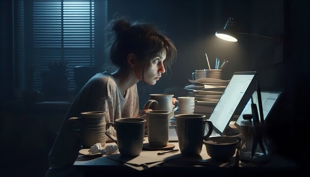 A woman surrounded by empty coffee mugs, staring at a laptop screen at 3 AM, with tired eyes, Ai generated image