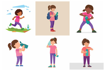 Fototapeta premium Little Girl Staying Hydrated and Active Illustration Set