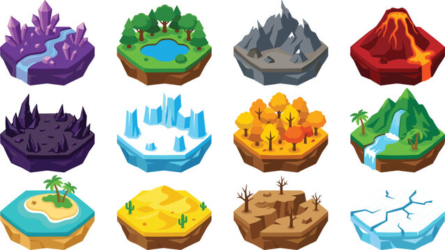 game biomes vector tile set featuring fantasy landscapes desert volcano ice mountain crystal forest and island terrain maps