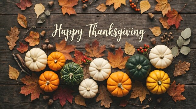 Festive autumn background with pumpkins and leaves for happy halloween and thanksgiving celebrations on a rustic dark wooden table surface