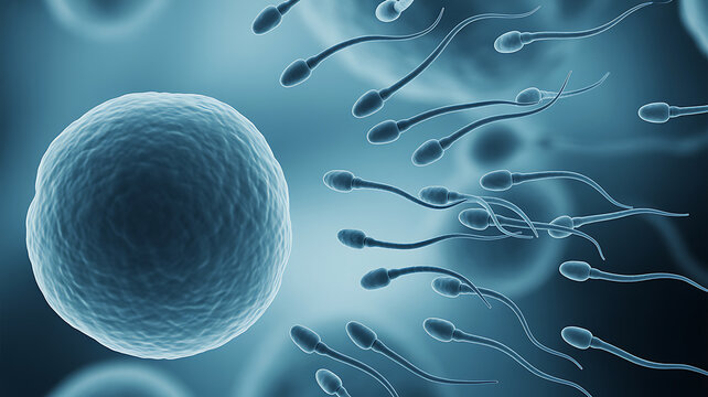 Microscopic view of sperm cells in motion approaching a large egg cell in a blue biological fluid