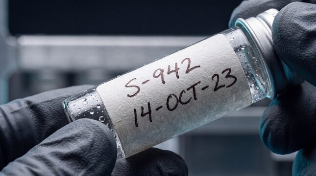 Gloved hands hold a glass cryovial with a handwritten identification label in a laboratory setting