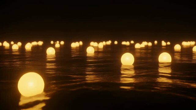 夜の水面に浮かび漂う無数の灯籠