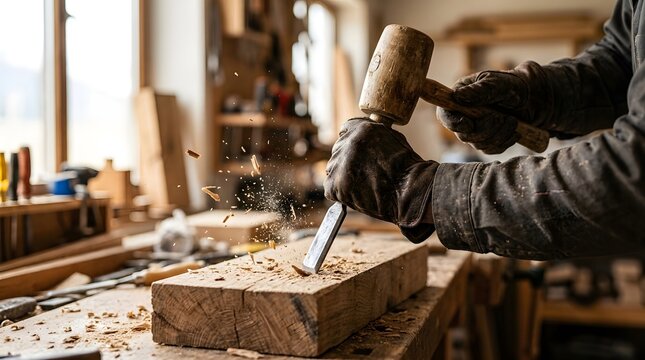 Craftsman shapes a piece of rough lumber using a mallet and chisel, surrounded by the textures of a busy woodworking shop.