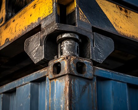 Macro Detail Of Container Spreader Twist Lock Engaging With Corner Casting On Weathered Shipping Box