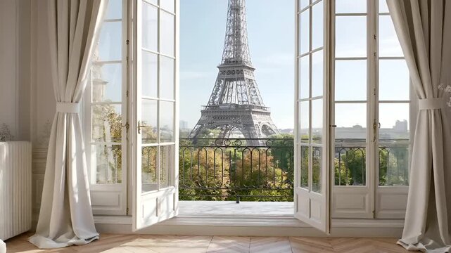 Paris, France, Europe. A detailed, highresolution photograph of a luxurious room with a panoramic view of the Eiffel Tower. The room features a classic architectural style with white walls.