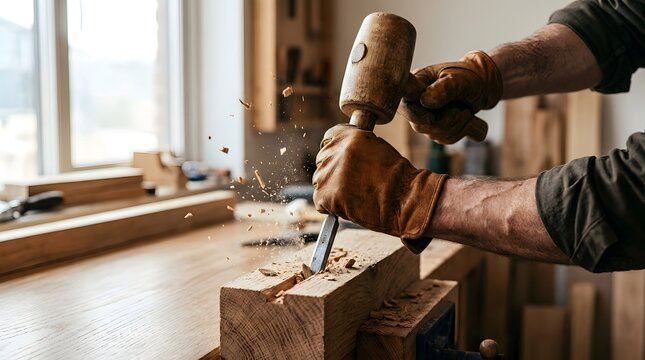 Woodcarver skillfully applies force with a mallet to a metal chisel, sending fine wood chips flying across the workspace.