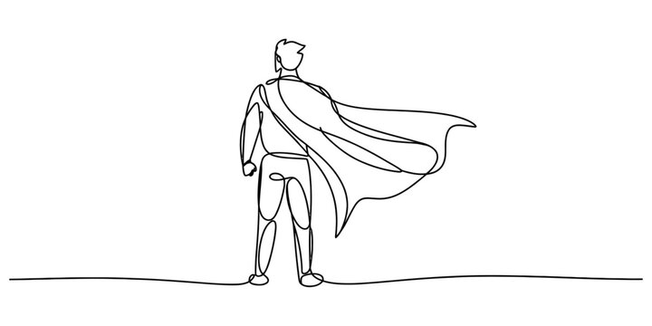Continuous single line drawing of a superhero standing with a flowing cape looking forward representing power success leadership and courage for business Vector, illustration