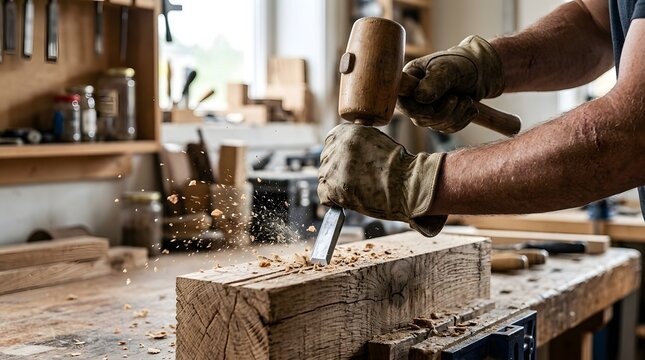 Woodworker uses a heavy mallet and sharp chisel to carve a thick piece of raw timber in a dusty workshop.