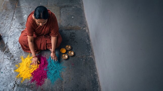 Indian woman in traditional attire arranging colored powder on a stone floor