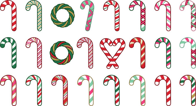 Christmas candy cane icons and festive holiday wreaths set for winter seasonal celebration greeting card decoration elements vector