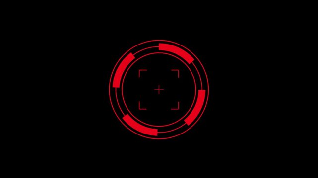 Modern Circular Camera Focus Reticule HUD Interface Icon with Precision Target Cross hair, Digital on black Background.