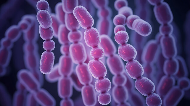 Pink oval shaped bacteria cells forming long chains against a dark blurred background with subtle